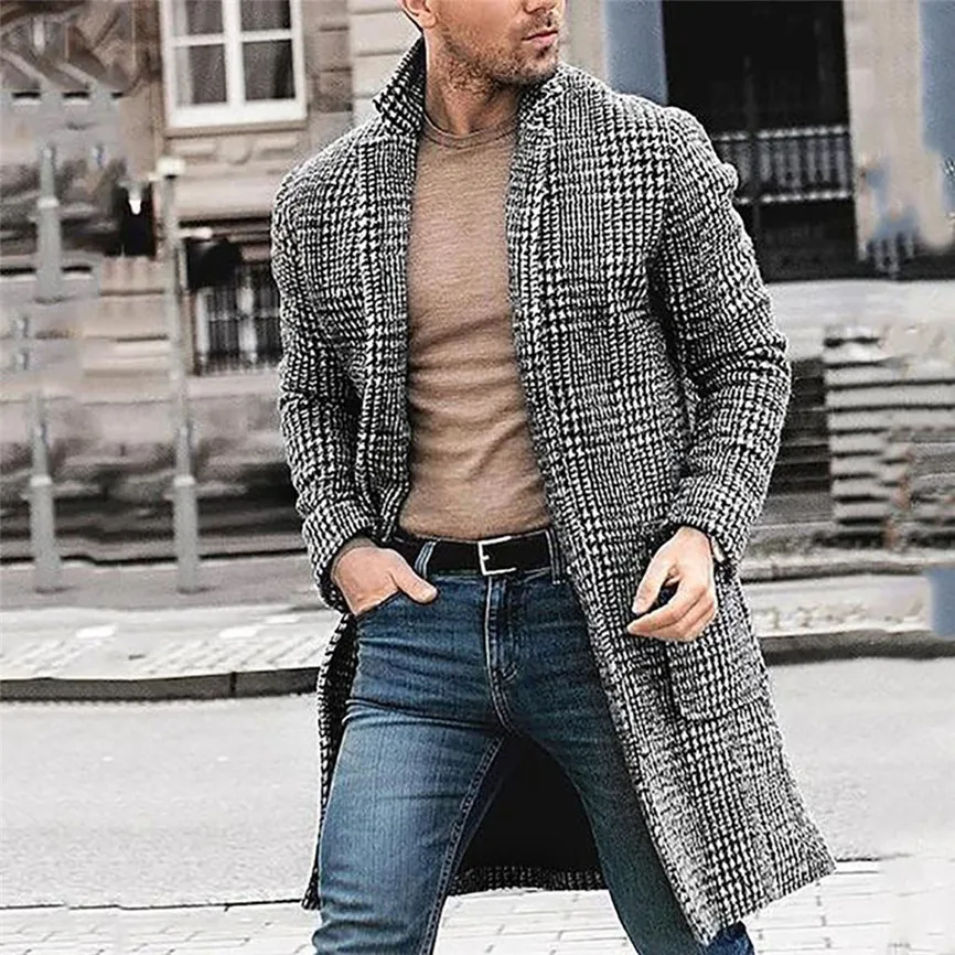 Mens Trench Coat Jacket Cardigan Plaid Print Men Casual Winter Fashion Hounstooth Gentlemen Long Outwear | Мужская одежда