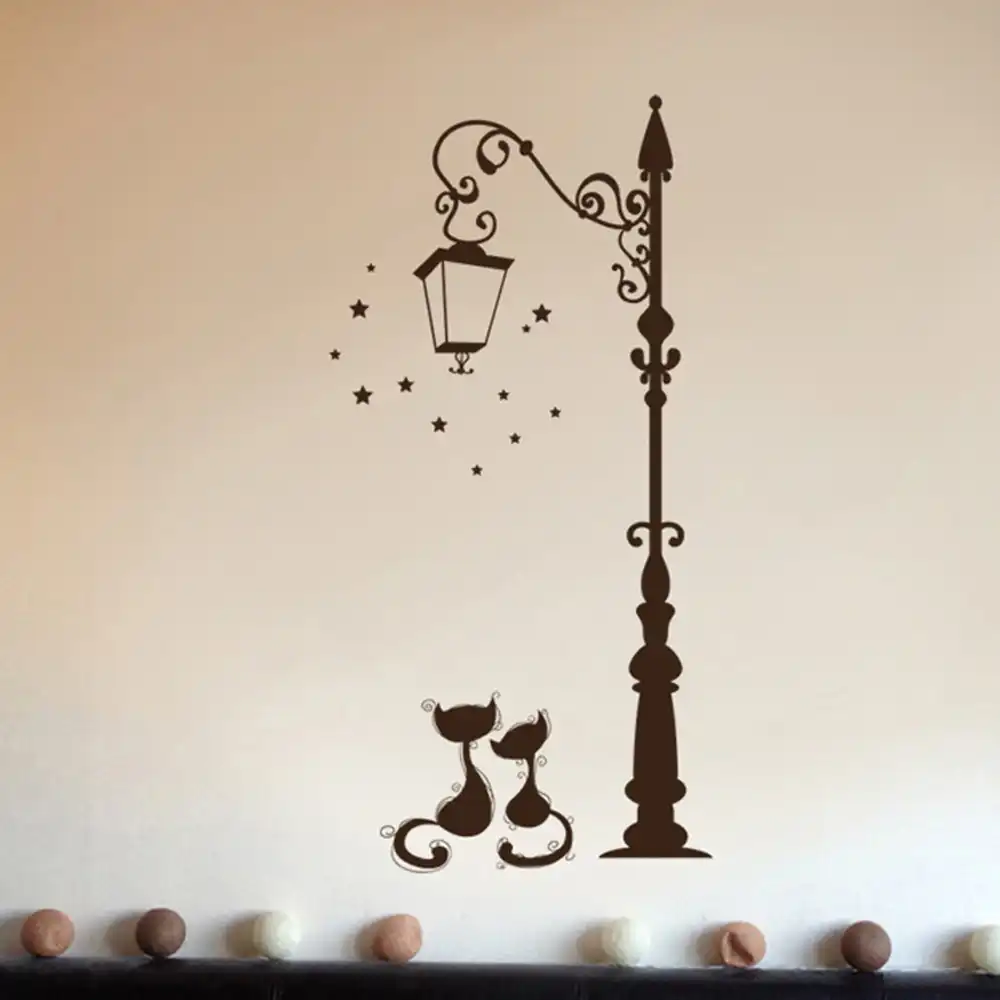 家の装飾の猫カップル下ストリートランプ Diy ウォールステッカー壁紙アート装飾壁画ルームデカール Adesivo デ Parede ステッカー Gooum