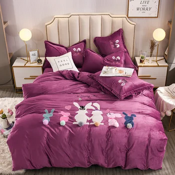Cute Cartoon Rabbit Embroidery Purple Pink Gray white Winter Flannel Velvet Child Bedding set Duvet Cover Bed Sheet Pillowcases 
Cute Cartoon Rabbit Embroidery Purple Pink Gray white Winter Flannel Velvet Child Bedding set Duvet Cover Bed Sheet Pillowcases