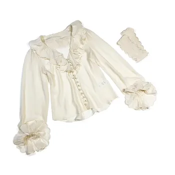 High Quality 100% Real Crepe Silk Blouses Women 2020 Autumn Ladies Embroidery Ruffles V-neck Flare Sleeve Elegant Shirts Tops
High Quality 100% Real Crepe Silk Blouses Women 2020 Autumn Ladies Embroidery Ruffles V-neck Flare Sleeve Elegant Shirts Tops