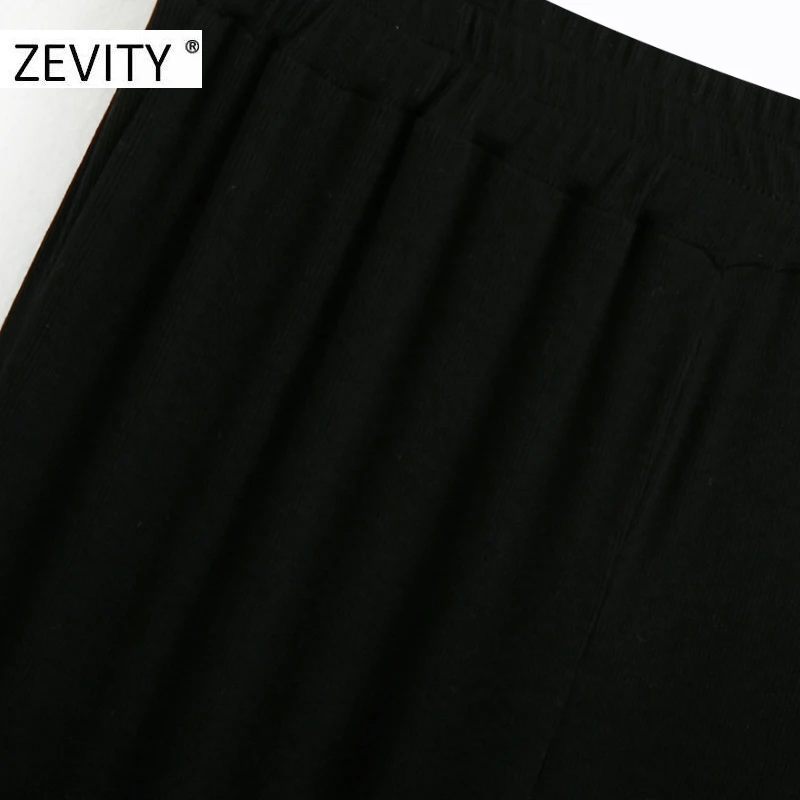 ZEVITY New Women fashion solid color pleats knitting straight pants female elastic waist slim Trousers chic hem split pants P936