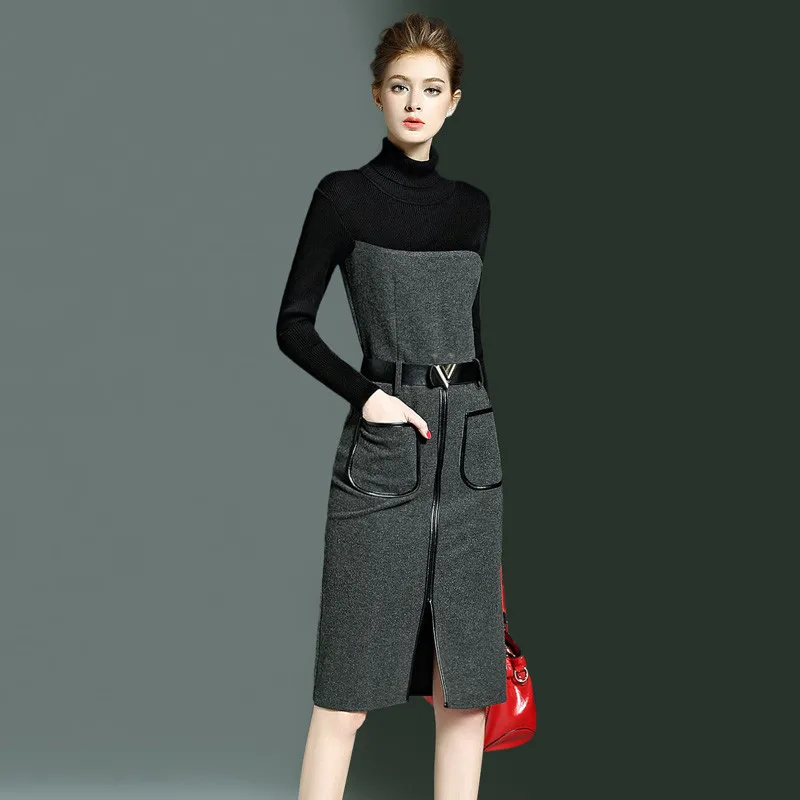 Autumn Winter Dress Women Fashion Patchwork Office Dress Female Slim Long Sleeve Kintted Dress With Belt 2020 
Autumn Winter Dress Women Fashion Patchwork Office Dress Female Slim Long Sleeve Kintted Dress With Belt 2020