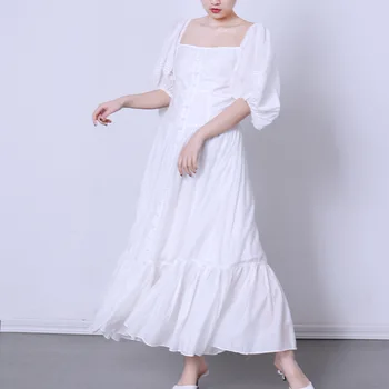 Summer 2020 Women Square Neck Puff Sleeve Dress Female A-line Single Breasted Holiday Dress OL Commute Elegant Solid Dresses 
Summer 2020 Women Square Neck Puff Sleeve Dress Female A-line Single Breasted Holiday Dress OL Commute Elegant Solid Dresses
