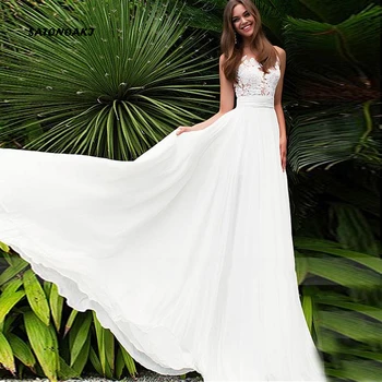 

SATONOAKI Elegant Tulle Chiffon Jewel Neckline See-through Bodice A-line Wedding Dress With Lace Appliques Cheap Bridal Dresses