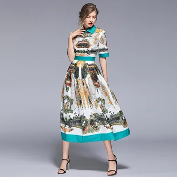 Fashion Designer Women Dress 2019 Summer Women's Short Sleeve Turn Down Collar Button Vintage Printed Elegant Office Long Dress 
Fashion Designer Women Dress 2019 Summer Women's Short Sleeve Turn Down Collar Button Vintage Printed Elegant Office Long Dress