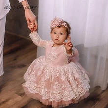 

Lace O-neck Wedding Flower Girl Dresses Pink Long Sleeves Applique Tutu Birthday Communion Gown Vestido Infantil Menina