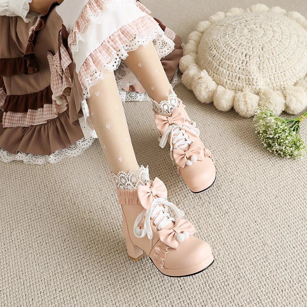 Pink White Black Chunky Heel Lolita Shoes Butterfly-knot Hollow Lace Womens Cosplay Princess Court Vintage Winter Ankle Boots Pink White Black Chunky Heel Lolita Shoes Butterfly-knot Hollow Lace Womens Cosplay Princess Court Vintage Winter Ankle Boots