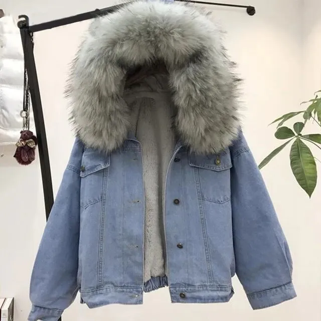 Фото Fashion Women Faux Leather Thick Jean Jacket Female Fur Collar Denim Coat Fleece Hooded Warm Winter Outwear | Женская одежда