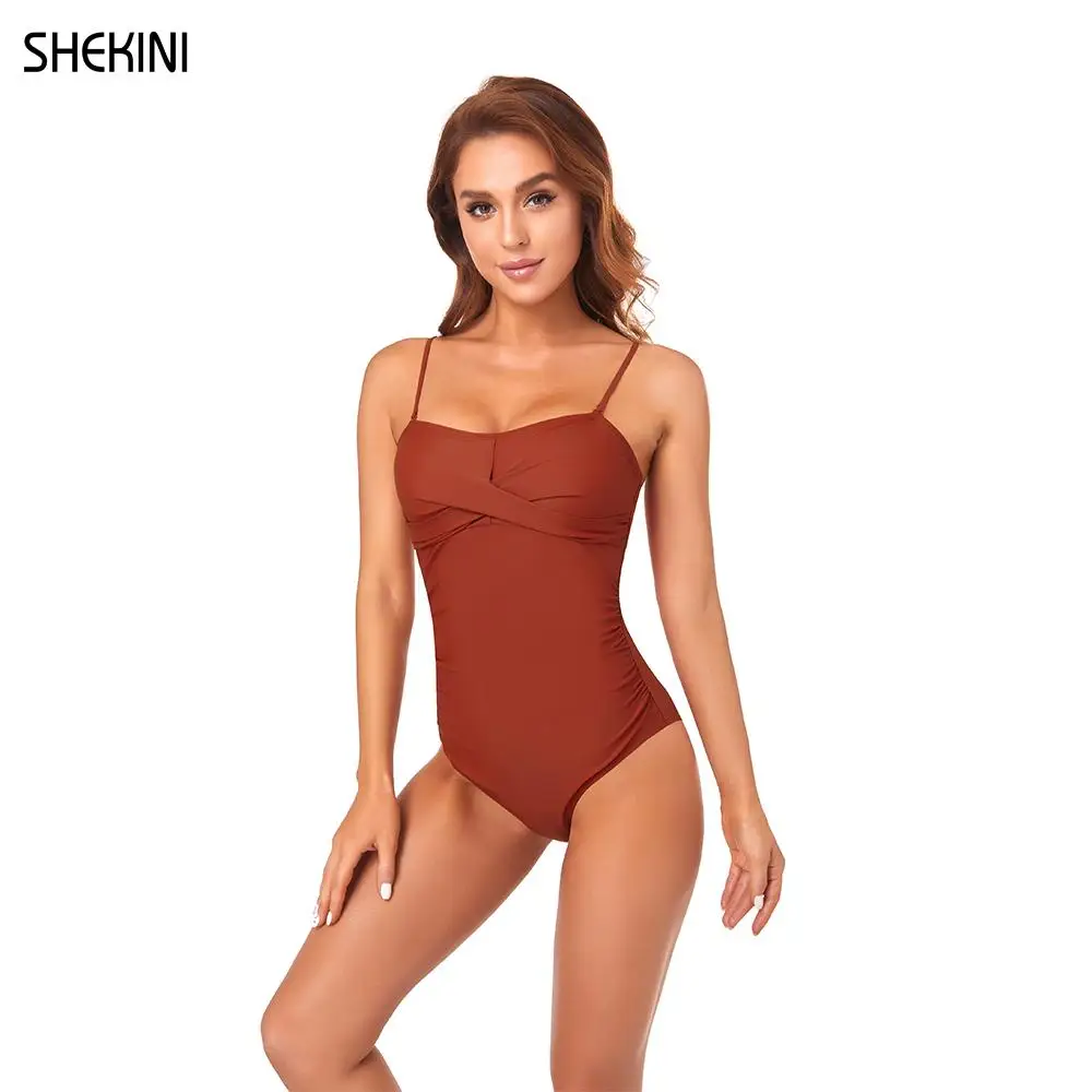 

SHEKINI Women's Swimwear Vintage Shirred Backless Bandeau One Piece Bathing Suits Solid Monokini Swimsuits Summer Beachwear