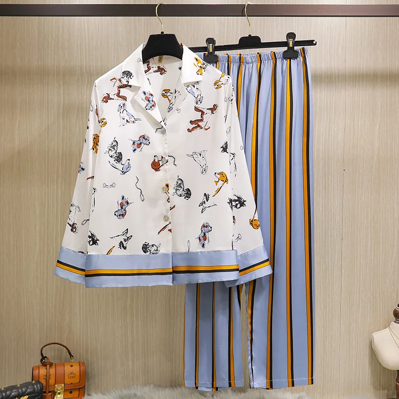 Ice Silk Pajamas Spring and Summer Long-sleeved Trousers Ladies European and American Shepherd Dog Simulation Silk Homewear 2020
Ice Silk Pajamas Spring and Summer Long-sleeved Trousers Ladies European and American Shepherd Dog Simulation Silk Homewear 2020