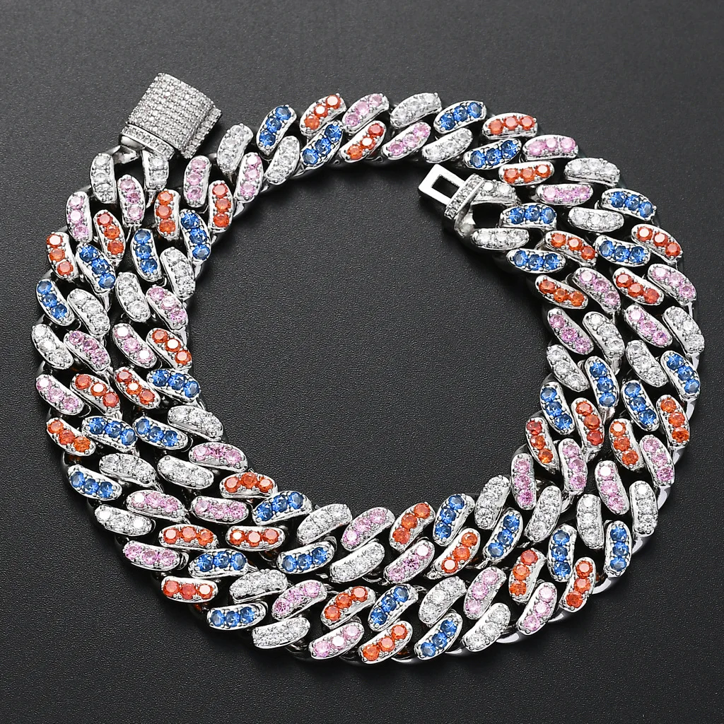 

12mm Pave 4-Color Cuban Link Chain Zircon Men Hip Hop Iced Out Bling Silver Color Bracelet Chain Vintage Necklace Drop Shipping