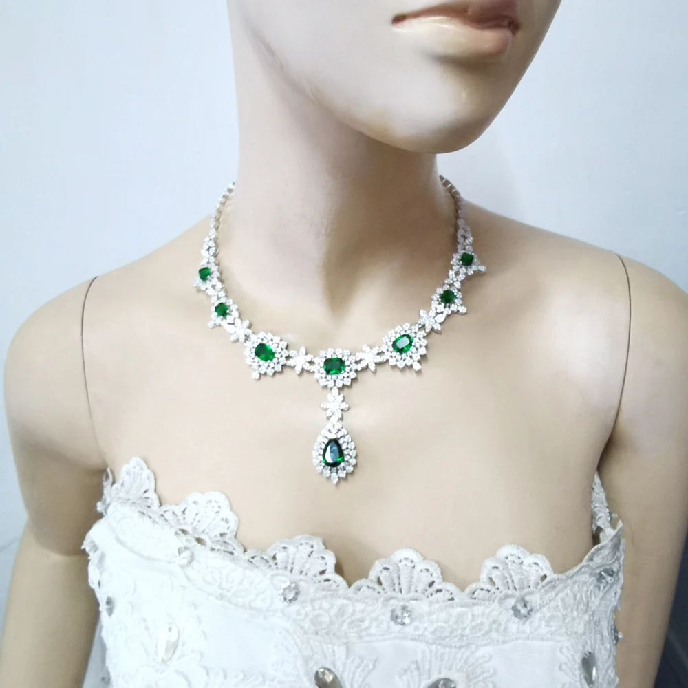 2021 NEW FASHION LUXURY GREEN CZ zircon necklace earring bracelet ring wedding bridal banquet dinner dressing party jewelry set