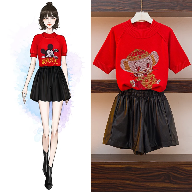red round collar sweater with short sleeves print rat loose half sleeve embroidery good luck brim PU wide-legged shorts knit top
red round collar sweater with short sleeves print rat loose half sleeve embroidery good luck brim PU wide-legged shorts knit top