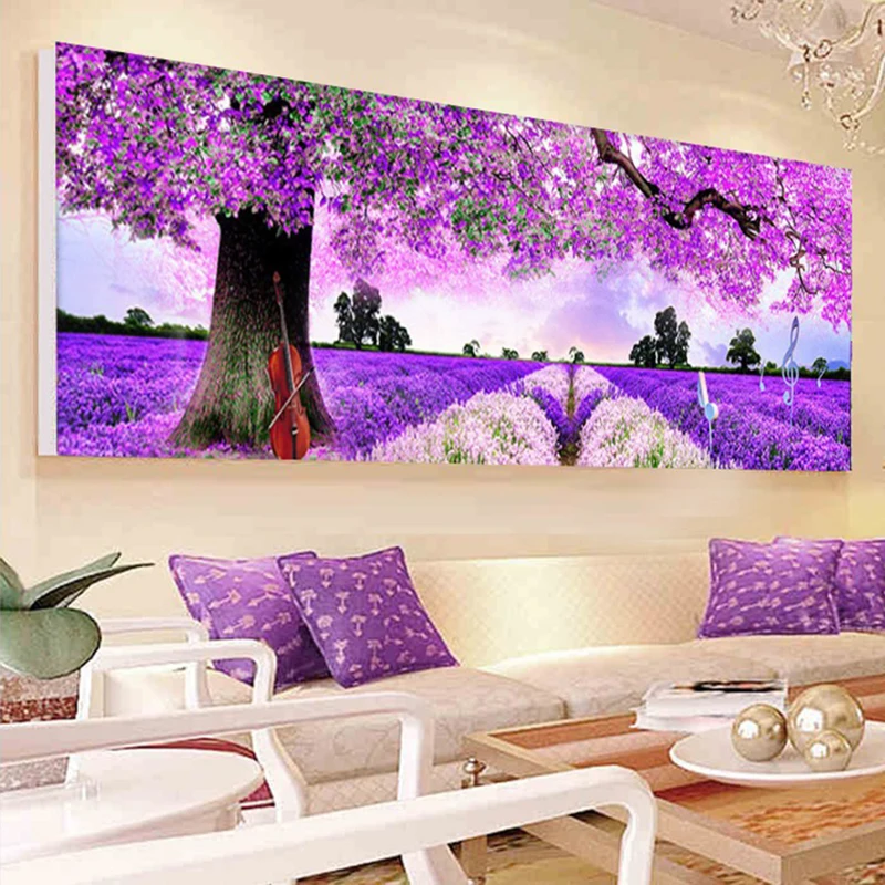 

Diy Diamond Embroidery Mosaic Painting Cross Stitch,Full AB Drills A Large Field Of Lavender Under Purple Flowers Tree Decoratio