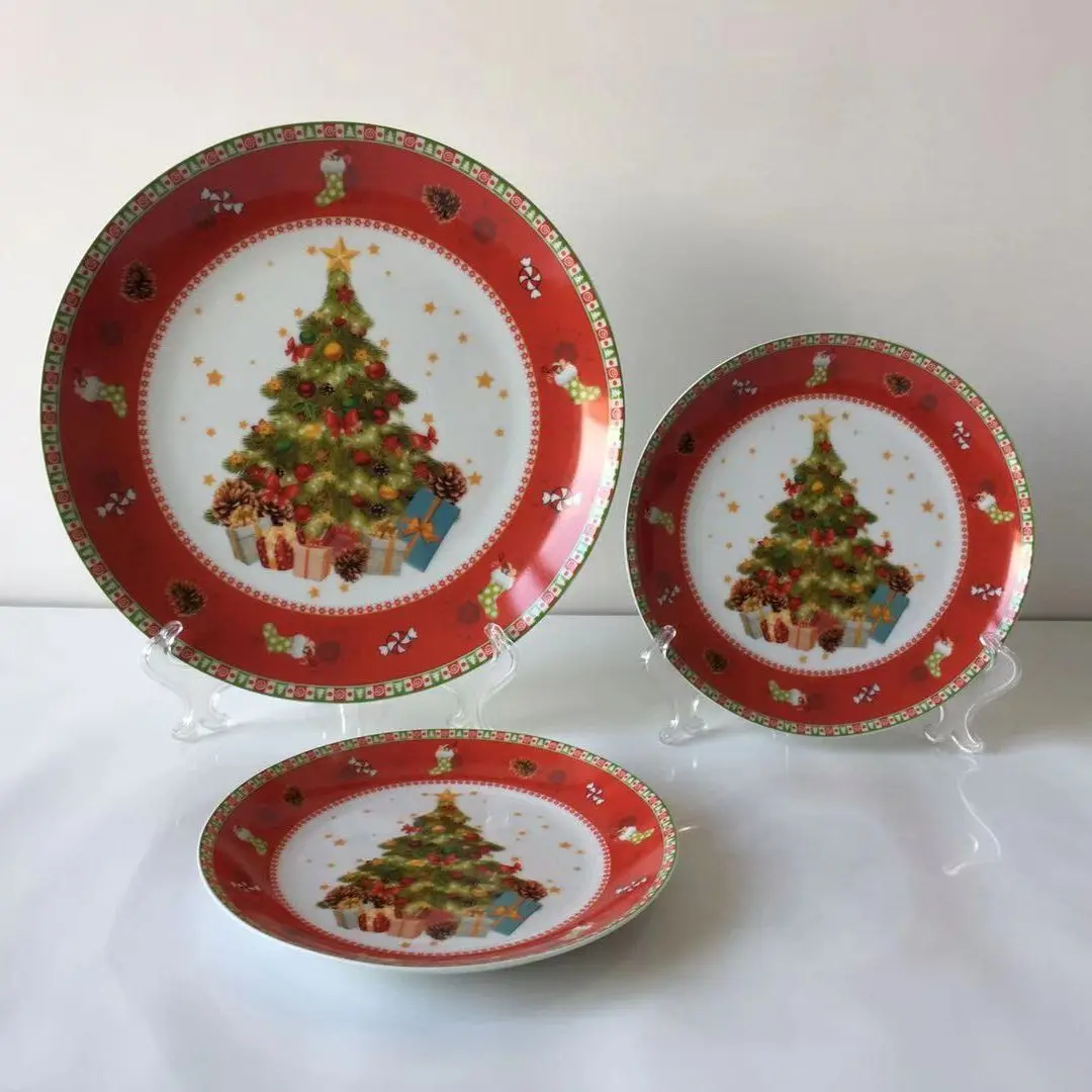 

Decorative Christmas Tree Home Tableware Set Red Porcelain Plate Set Children Snack Pasta Ustensiles De Table