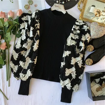 Embossed Flower Lace Embroidered Puff Sleeve Panel Knitted Top Women Temperament Knitting Blouse Blusas Female Ladies Body Shirt
Embossed Flower Lace Embroidered Puff Sleeve Panel Knitted Top Women Temperament Knitting Blouse Blusas Female Ladies Body Shirt