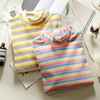 Brushed plus Velvet Slim Fit Rainbow Stripes Pure Cotton Long-sleeved T-shirt Women's Half-Turtle-Neck Base Shirt Women's 7893
Brushed plus Velvet Slim Fit Rainbow Stripes Pure Cotton Long-sleeved T-shirt Women's Half-Turtle-Neck Base Shirt Women's 7893