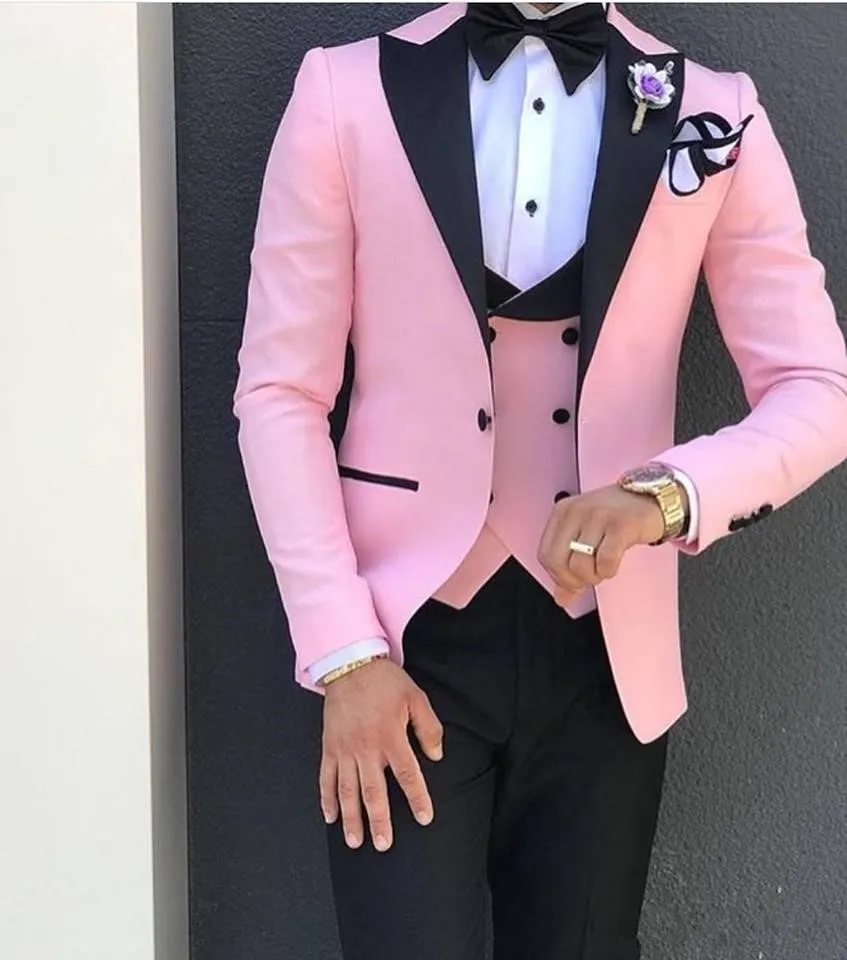 

Pink With Black Lapel Suits for Men Custom Made Terno Slim Groom Custom 3 Piece Wedding Mens Suit Masculino(Jacket+Pant+Vest)