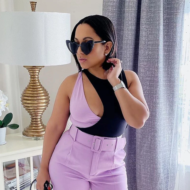 Patchwork women elegant bomb bodysuits 2020 summer fashion ladies purple-black bodysuit party female stylish bodysuit girls chic