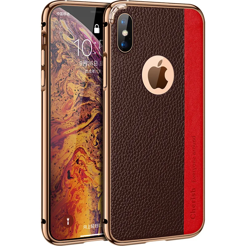 Металлическая рамка + задняя крышка из воловьей кожи для iPhone X XR XS Max Стильный