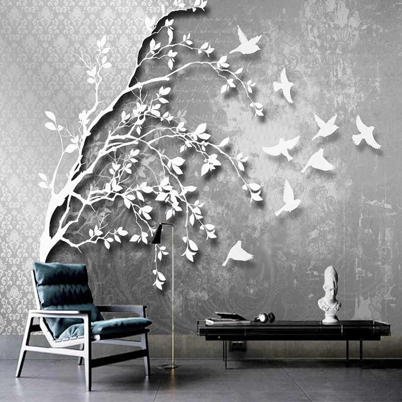 

Custom Tree With Black White Flying Birds Poster Living Room TV Background Wall Mural Wallpaper For Bedroom Walls Papel De Pare