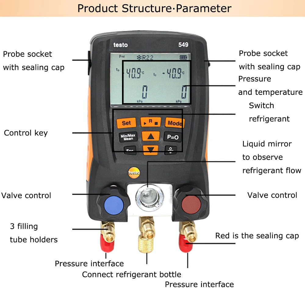 Manómetro digital para sistema de climatización, kit de pruebas LCD Testo 549, herramientas de aire acondicionado HVAC