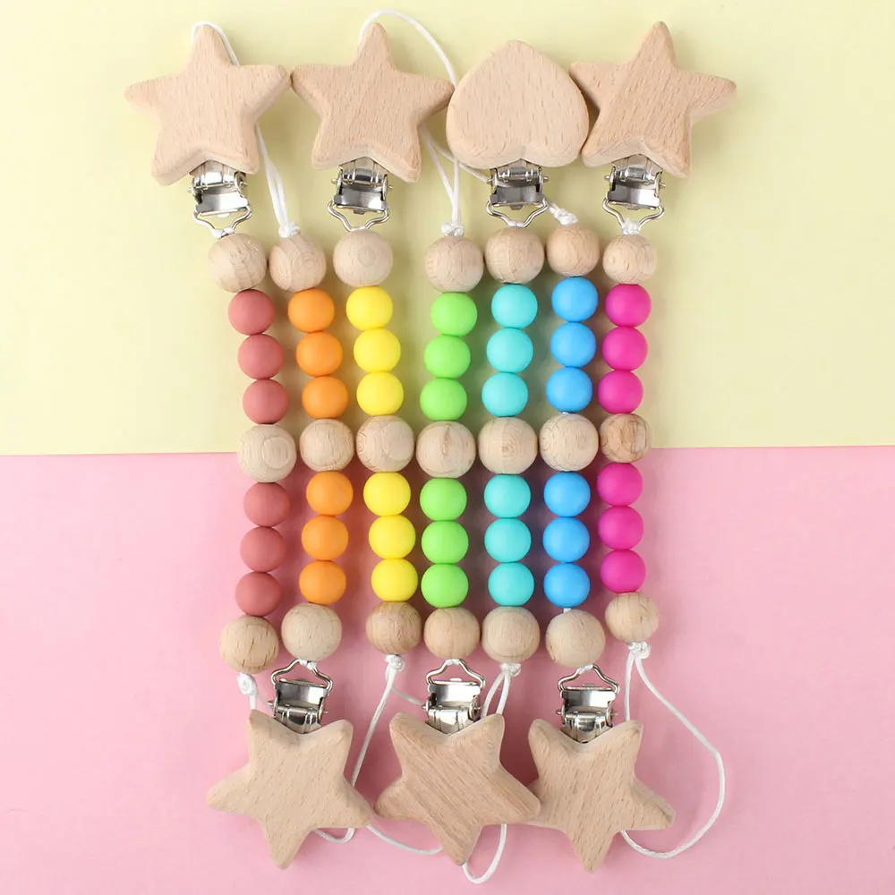 

Silicone Wood Pacifier Clips Safe Teething Chain BPA Free Silicone Beads Nature Wood Baby Teether Dummy Nipple Holder Clips