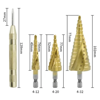 3pcs Spiral Step Drill Bit Hexagon Shank Deburring Chamfering Tool +Center Punch For Reaming With Round Holes
3pcs Spiral Step Drill Bit Hexagon Shank Deburring Chamfering Tool +Center Punch For Reaming With Round Holes