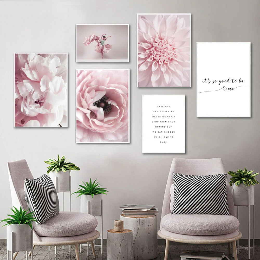 Bloom Pink Peony Dahlia Ballet Girl Quote Wall Art Canvas Painting Nordic Posters And Prints Wall Pictures For Living Room Decor