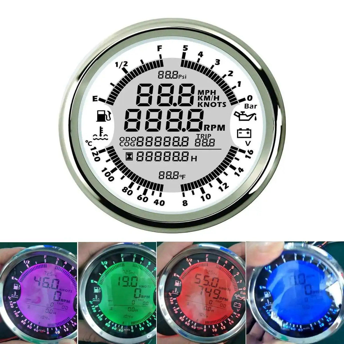 85mm 8-16V 6-in-1 Multifunction GPS Speedometer Pressure Gauge Tachometer Water Temp Fuel Level Pressure 7 Colors Auto-changing
85mm 8-16V 6-in-1 Multifunction GPS Speedometer Pressure Gauge Tachometer Water Temp Fuel Level Pressure 7 Colors Auto-changing