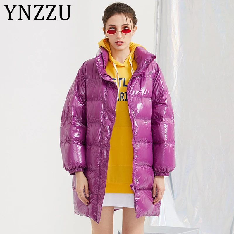 

YNZZU Chic 2019 90% White Duck Down Jacket Women Solid Glossy Long Stand Collar Windproof Thicken Warm Winter Woman Parkas A1118