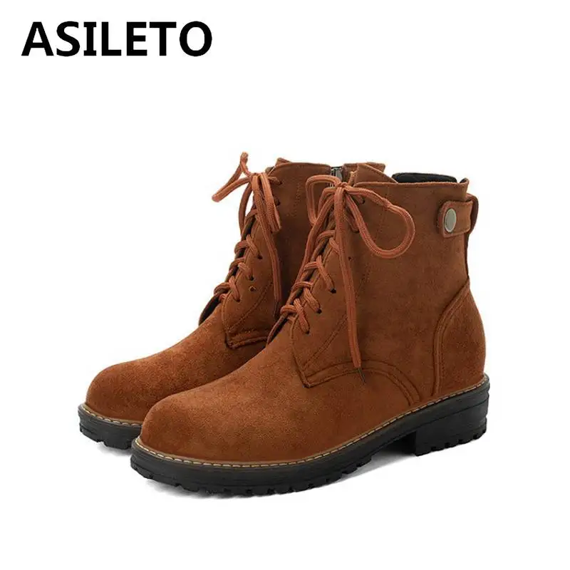 

ASILETO Women Ankle Boots Round Toe Fur Square Thick Heel Flock zip Lace Up Bukle Hiking size 34-43 Casual Riding Autumn Winter