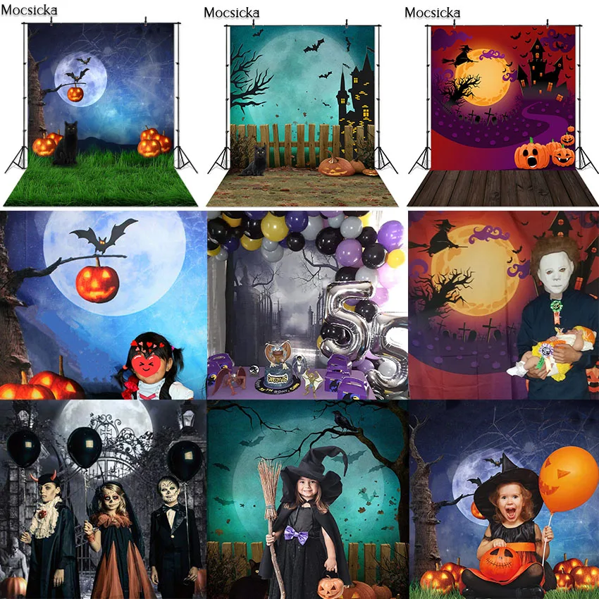 

Mocsicka Halloween Backdrop Pumpkin Gothic Scary Graveyard Castle Night Full Moon Party Kids Adults Portrait Photo Background