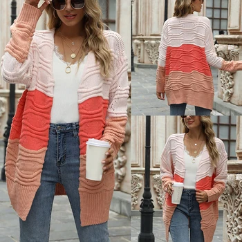 Women'S Fashion Stitching Color Sweater Long Sleeve Cardigan Jacket Knitwear 
Women'S Fashion Stitching Color Sweater Long Sleeve Cardigan Jacket Knitwear