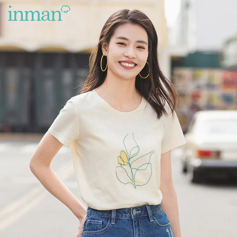 

INMAN Summer Basic Women Tops Tee Beige White Round Collar Pure Cotton Aesthetic Flower Embroidered Short Sleeve Lady T-shirt