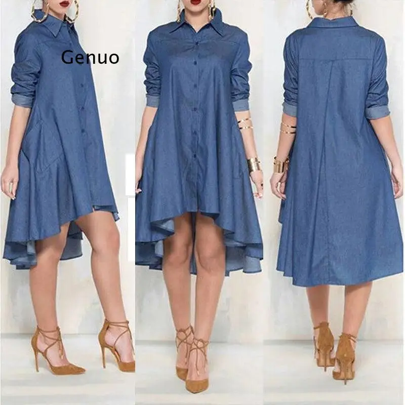 

Women Casual Loose Long Sleeve Denim Jeans Blouse Shirts Sundress Short Mini Vestido Cocktail Party Clubwear Outfits Shirts Top