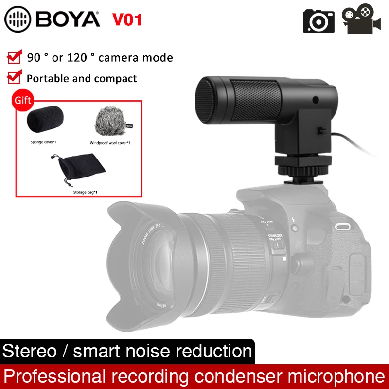 BOYA BY-V01 Stereo Condenser Microphone Interview Compact Stereo Music Mic for DSLR Camcorders And Video Cameras With Windshield
BOYA BY-V01 Stereo Condenser Microphone Interview Compact Stereo Music Mic for DSLR Camcorders And Video Cameras With Windshield