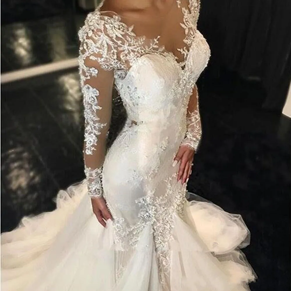 Vintage Mermaid Wedding Dresses O Neck Illusion Lace Crystal Beaded Tulle Long Sleeves Bridal Wedding Gowns Vestido De Noiva
Vintage Mermaid Wedding Dresses O Neck Illusion Lace Crystal Beaded Tulle Long Sleeves Bridal Wedding Gowns Vestido De Noiva