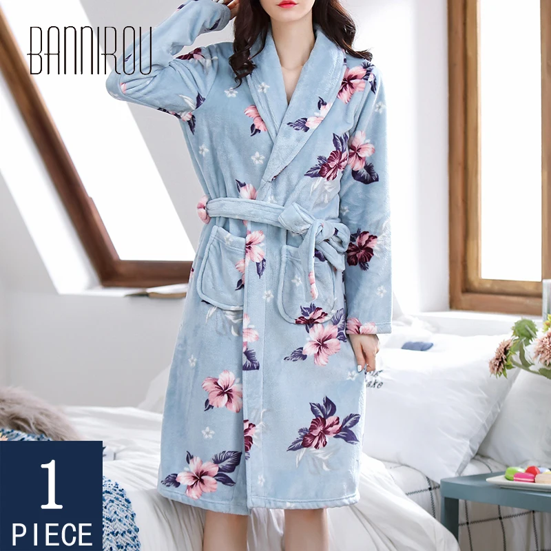 

BANNIROU Printing Women Robe Velvet Long Winter Wram Long Robe Woman Bath Robe Pajamas Casual Thick Warm Sleepwear 2020 Freeship