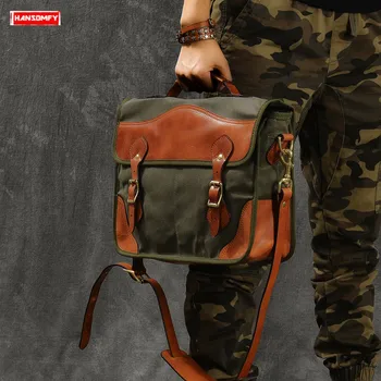 

2020 New Men Shoulder Bag Laptop Briefcase Retro Messenger Bag Slung Handbag Oil Wax Canvas Stitching Vegetable Tanned Leather