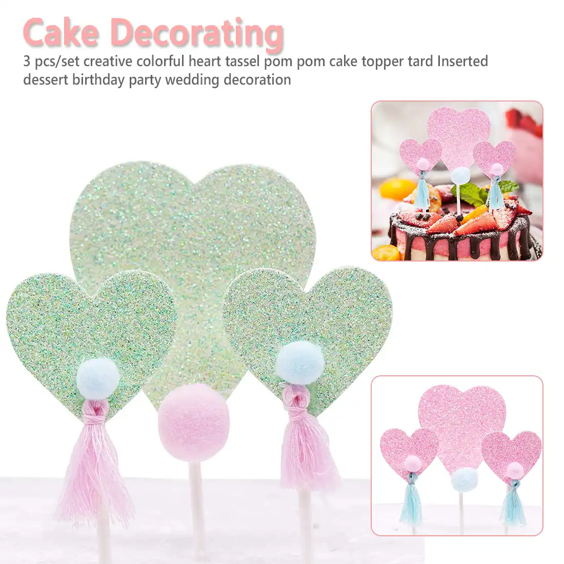 tassel pom pom cake topper card inserted dessert birthday party
