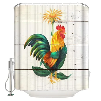 

Animal Rooster Colored Flowers Woodgrain Home Bathroom Decoration Waterproof Shower Curtain