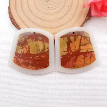 

Natural Stone White jade With Multi-Color Picasso jasper Intarsia Fashion Gemstone Earring Jewelry 35x35x4mm，17.8g