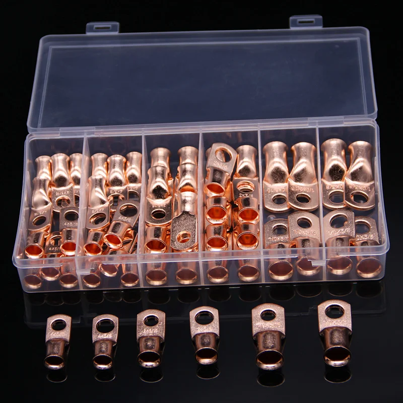 

50Pcs Assortment Wire Ring Bare Copper Terminal 4, 2, 1/0 AWG 3/8" 5/16" Electrical Cable Connectors Lug Terminals Kit