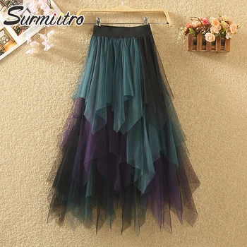 

SURMIITRO Irregular Patchwork Long Tulle Skirt Women 2020 Spring Summer Korean Black High Waist Sun School Pleated Skirt Female