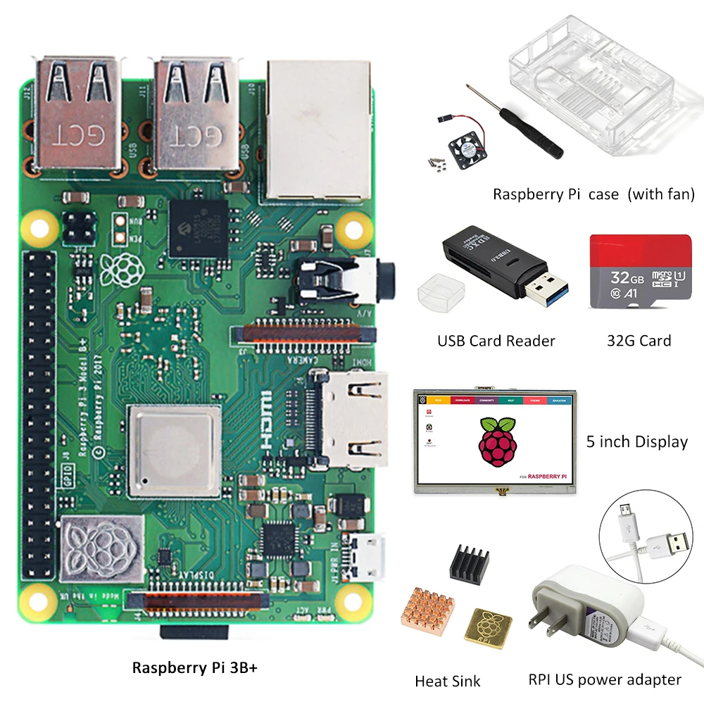 Оригинальный Raspberry Pi 3B plus комплект экрана с чехлом радиатором питанием от сети EU/US