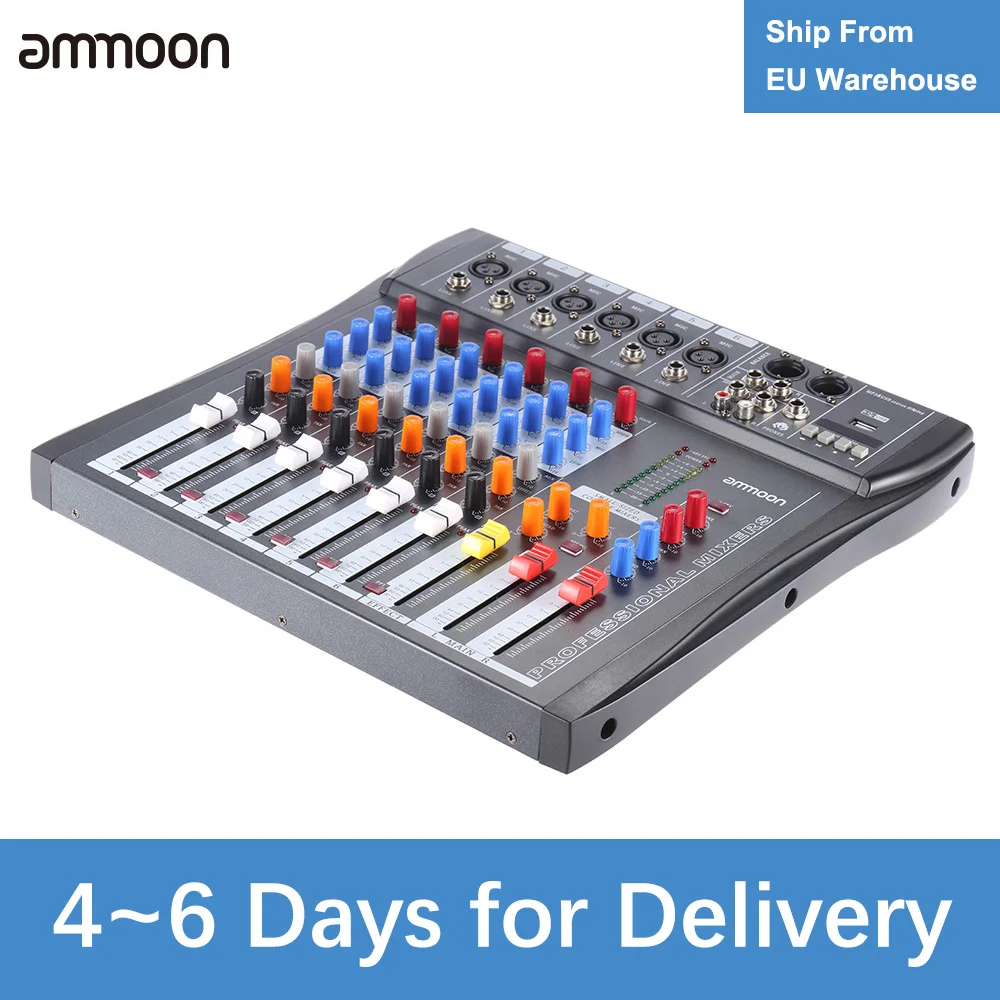 

ammoon 60S-USB 6 Channels Mic Audio Mixer Mixing Console 3-band EQ USB XLR Input 48V Phantom Power with Power Adapter