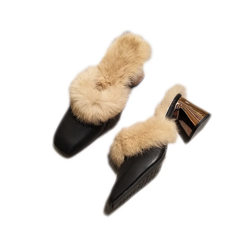 

Fur Flat Slippers Women Wear Fashion Baotou Half Drag Square Head Buckle Muller Shoes Plus Velvet High Heel Women's Slipper Sexy