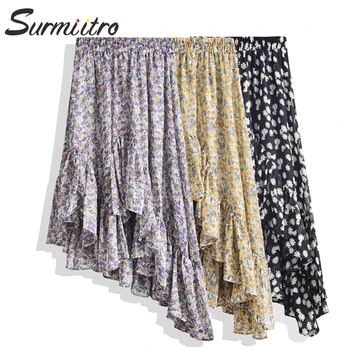

Surmiitro Irregular Midi Skirt Women 2020 Spring Summer Korean Purple Floral Print High Waist Sun School Long Skirt Female