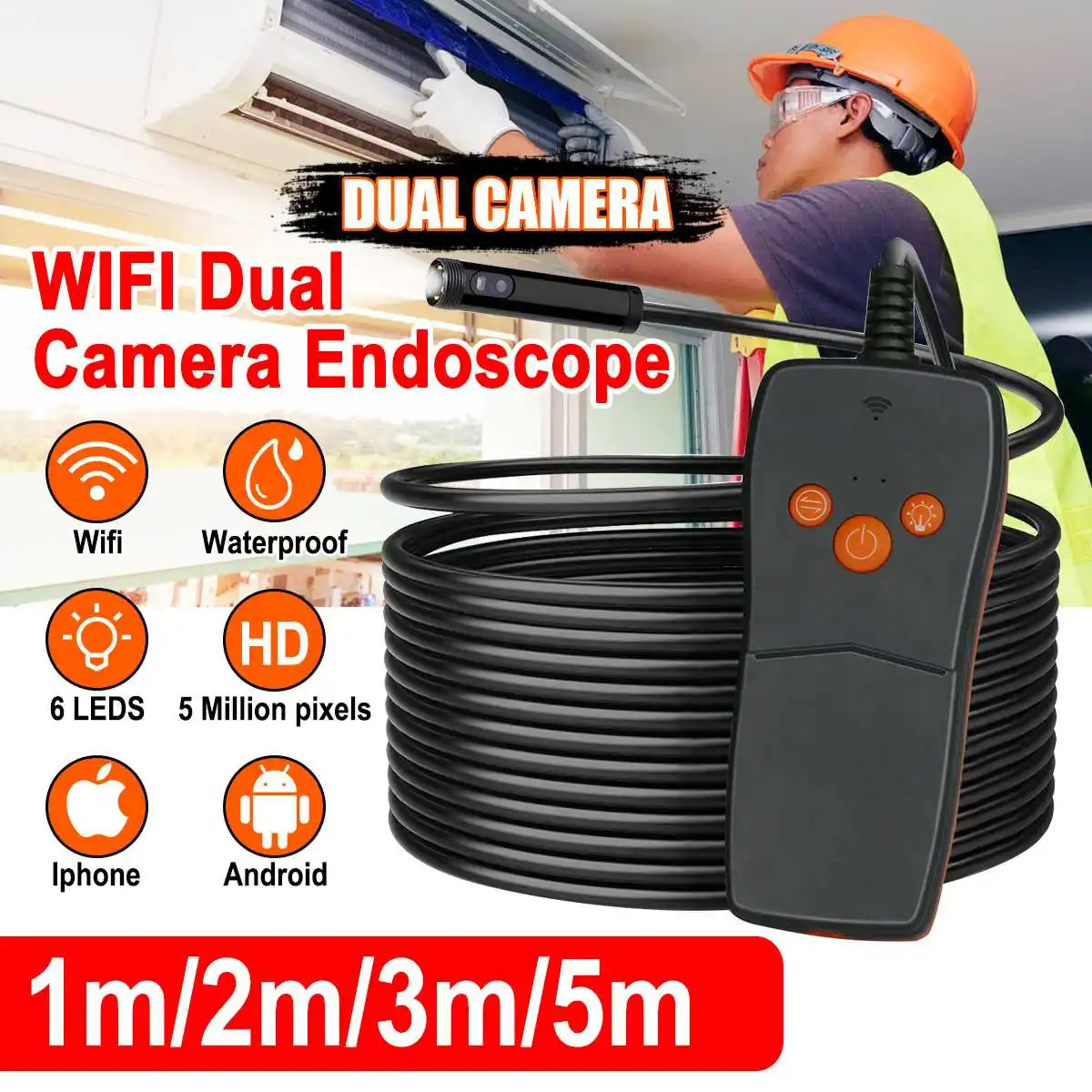 

1m/2m/3m/5m Wireless WiFi Dual Endoscope Camera HD Hard Cable Inspection Camera 8mm 6 LED Borescope for IOS Android PC Endoscope